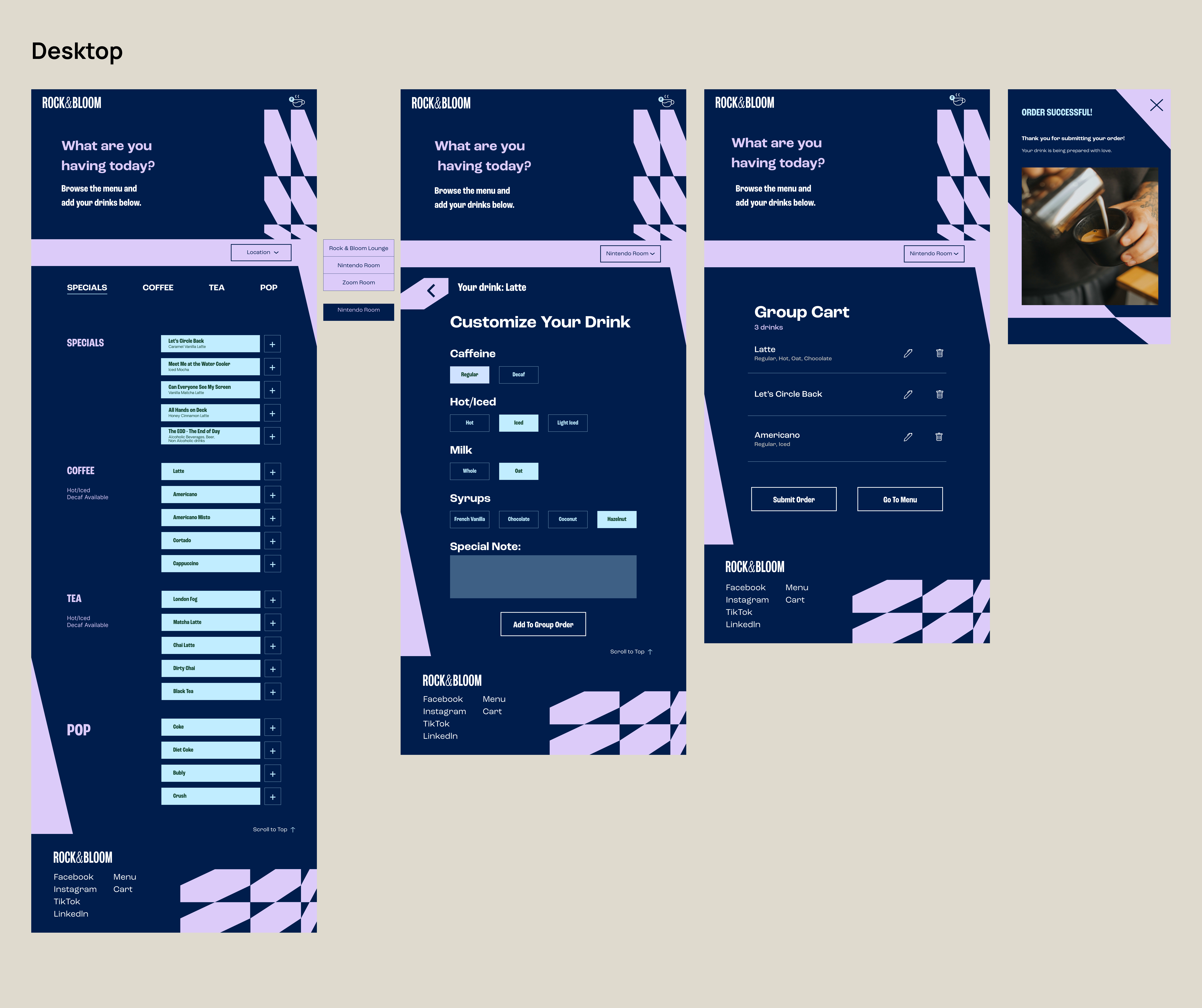 High-fidelity wireframe layouts for the coffee order app
