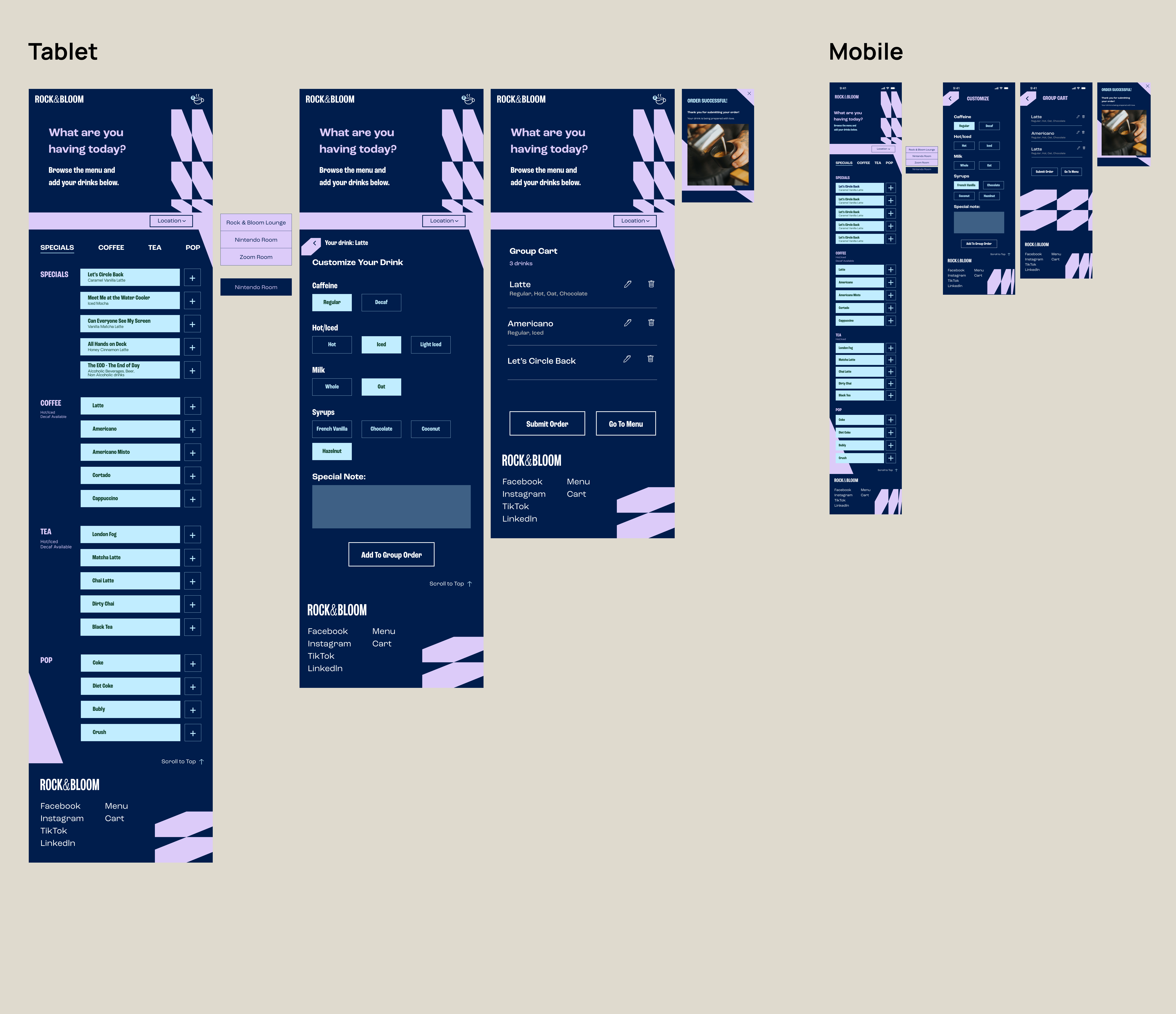 High-fidelity wireframe layouts for the coffee order app